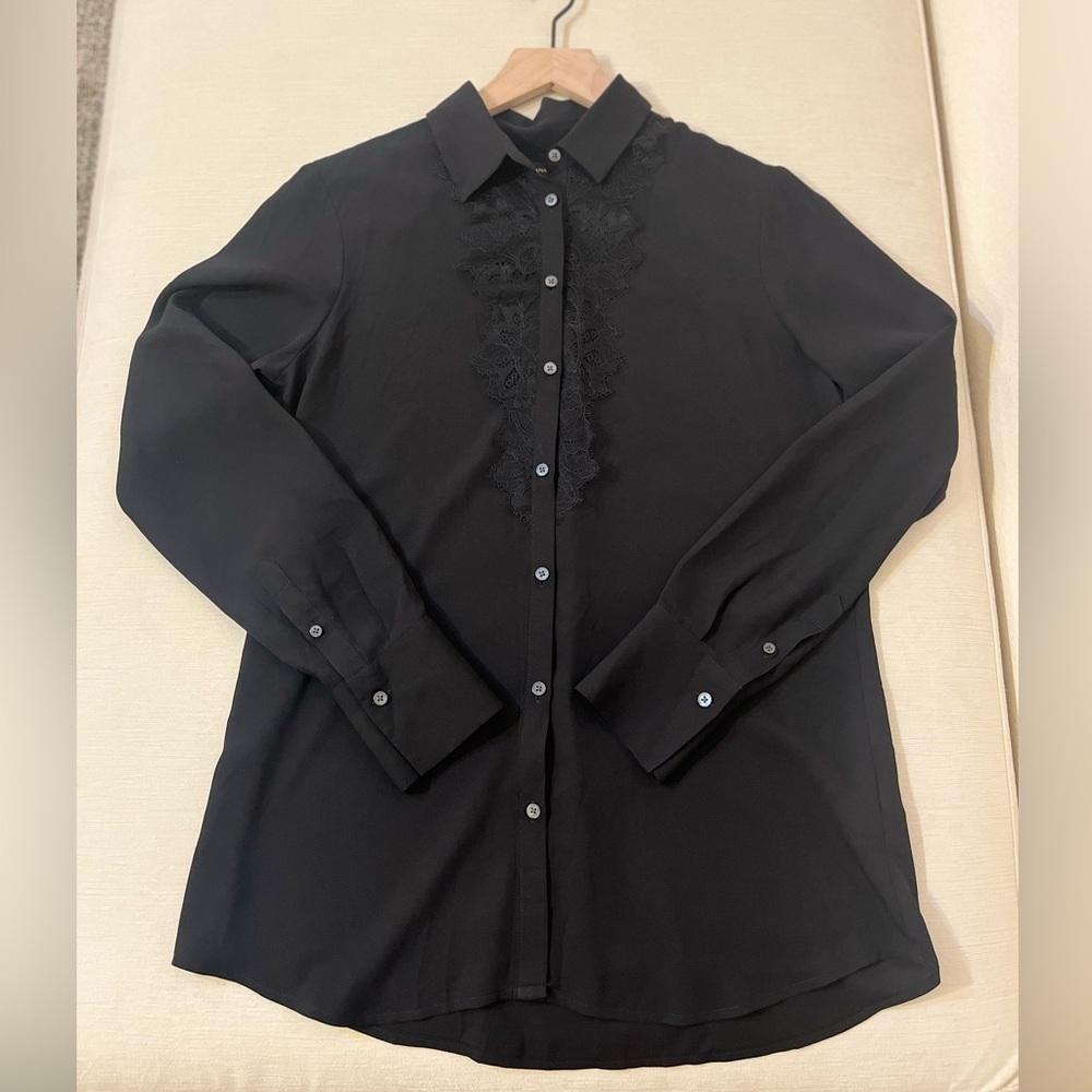 Banana Republic Black Lace Trim Button Front Blouse Dark Academia Office Chic